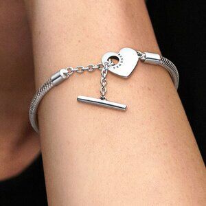 NWT Pandora Moments Heart T-bar Snake Chain Bracelet 925 Sterling Silver 7.5"